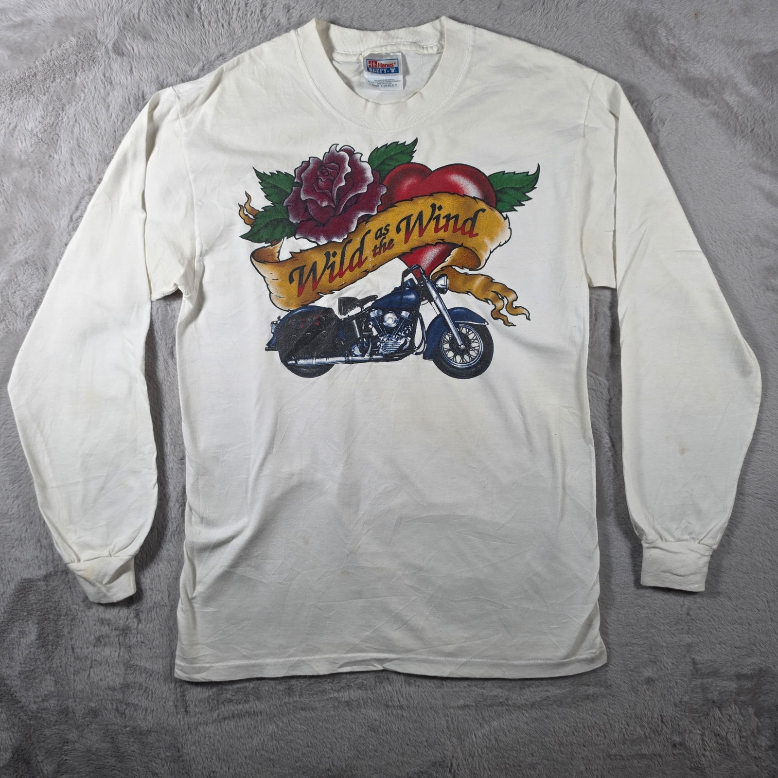 Hanes Beefy-T T-Shirt Mens Small White Wild As The Wind Motorcycle Vintage Long